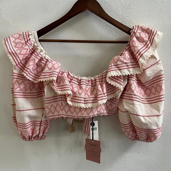 Raissa | Anthropologie NWT Ruffled Embroidered Cropped Blouse Beige Pink Red - Picture 5 of 14